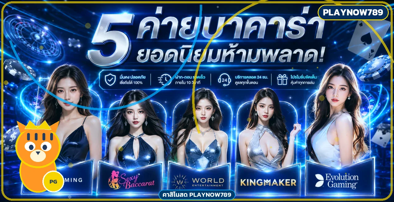 คาสิโนสด PLAYNOW789 พร้อมเอฟเฟกต์สีฟ้าทองและมาสคอต PG Soft